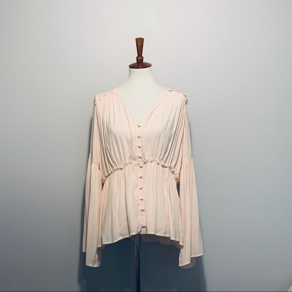 Anthropologie Pink Flare Sleeve V-Neck Blouse - Picture 3 of 7